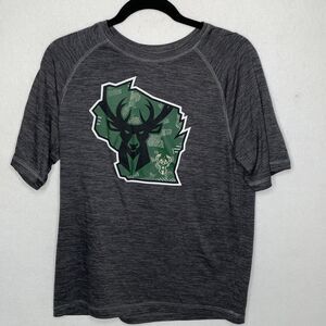 Mens Majestic T-Shirt Milwaukee Bucks Heather Gray Size Medium